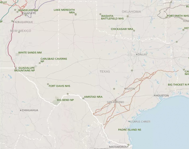 國家公園，古跡，歷史遺跡，自然保護區和德克薩斯州名勝古跡的地圖