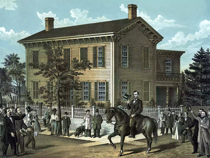 內戰的亞伯拉罕·林肯在人群歡呼聲中騎馬騎馬