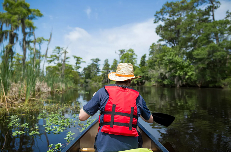 木舟穿過路易斯安那州的龐恰特雷恩湖的人