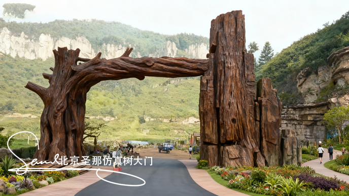 jimeng-2025-10-26-1872-一個(gè)主體顏色是自然暗棕色的仿樹樁造型的園林景觀入口，大門橫梁很厚重，整體迪士尼大....png